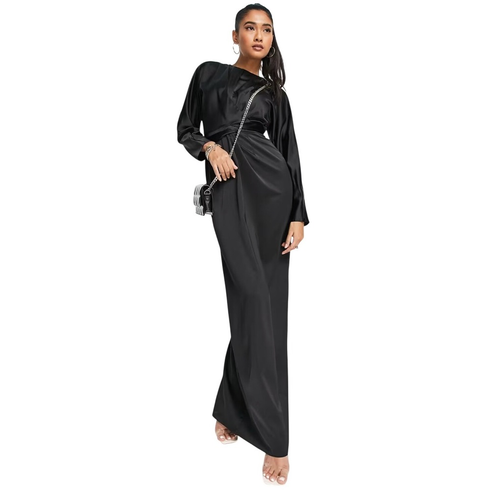 ASOS DESIGN Black Satin Long Sleeve Wrap Waist Maxi Dress US 4 Modest Formal